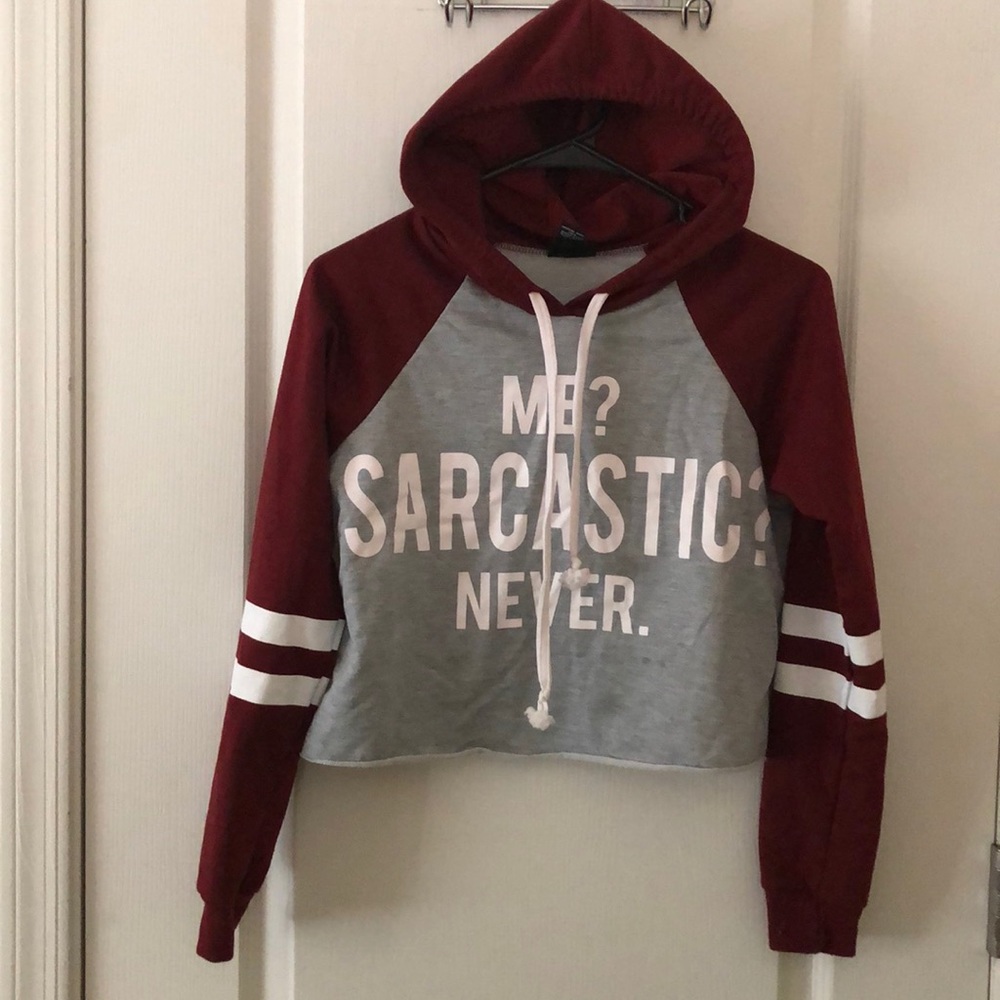 Maroon and gray hoodie cropped up